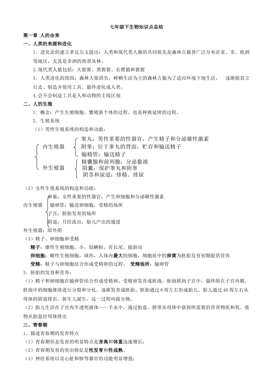 2025年七年级下册生物知识点总结04769版本_第1页