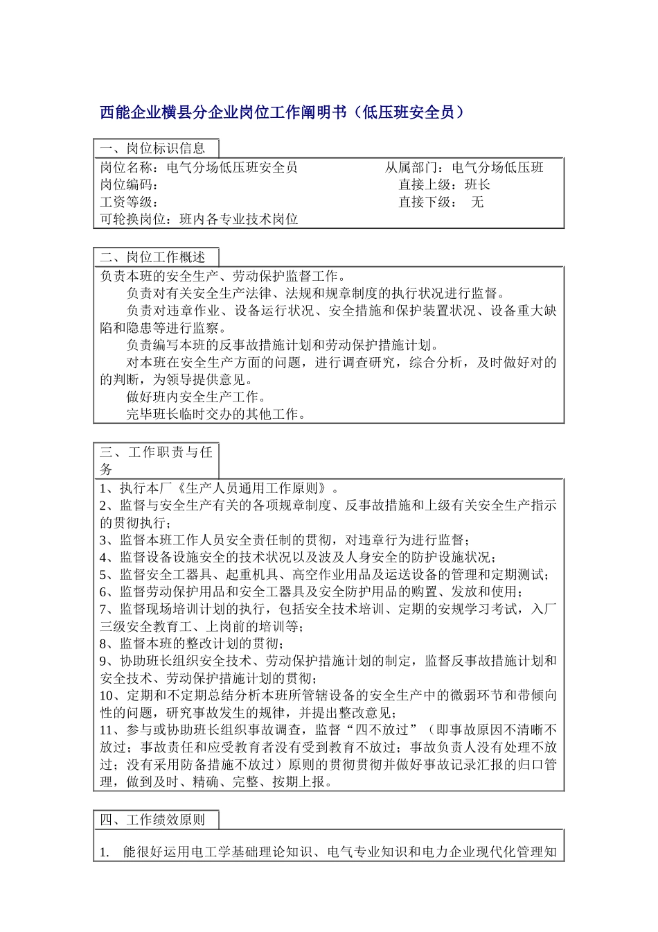 2025年岗位说明书低压班安全员_第1页