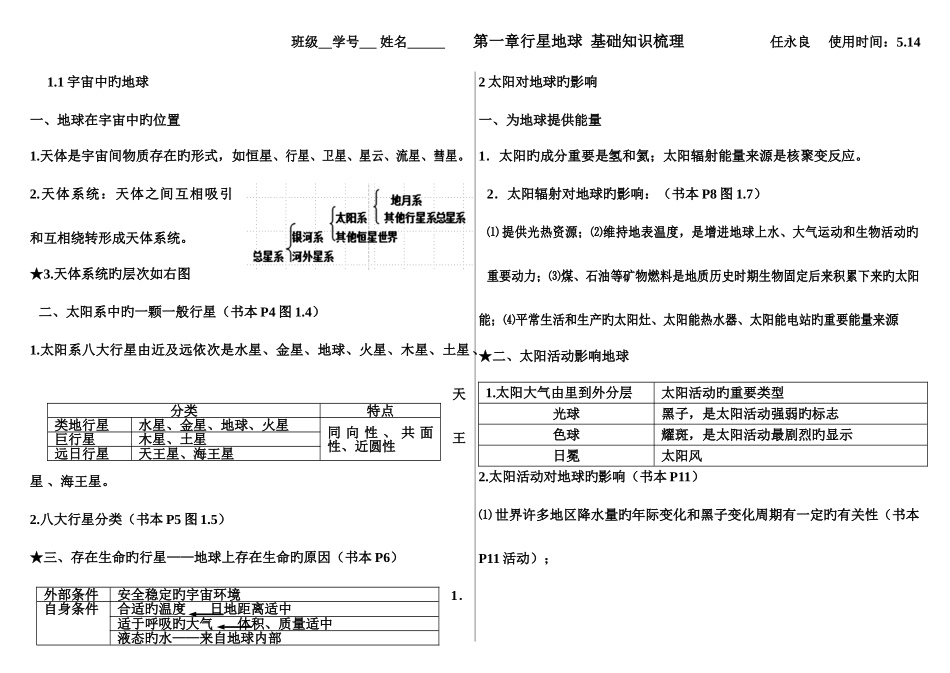 2025年高中地理必修一第一和知识点总结_第1页