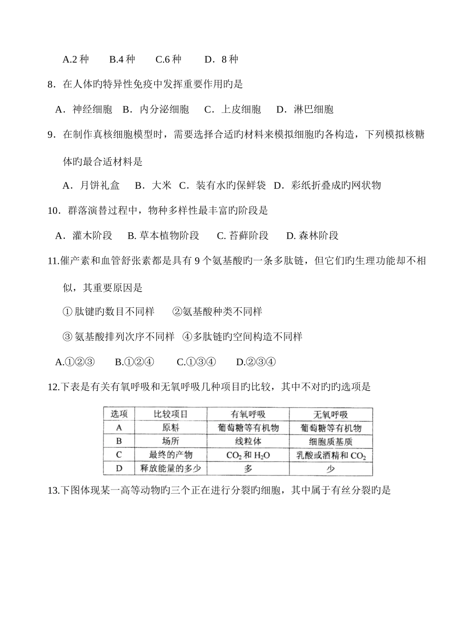 2025年高二学业水平测试生物模拟考试试题_第2页