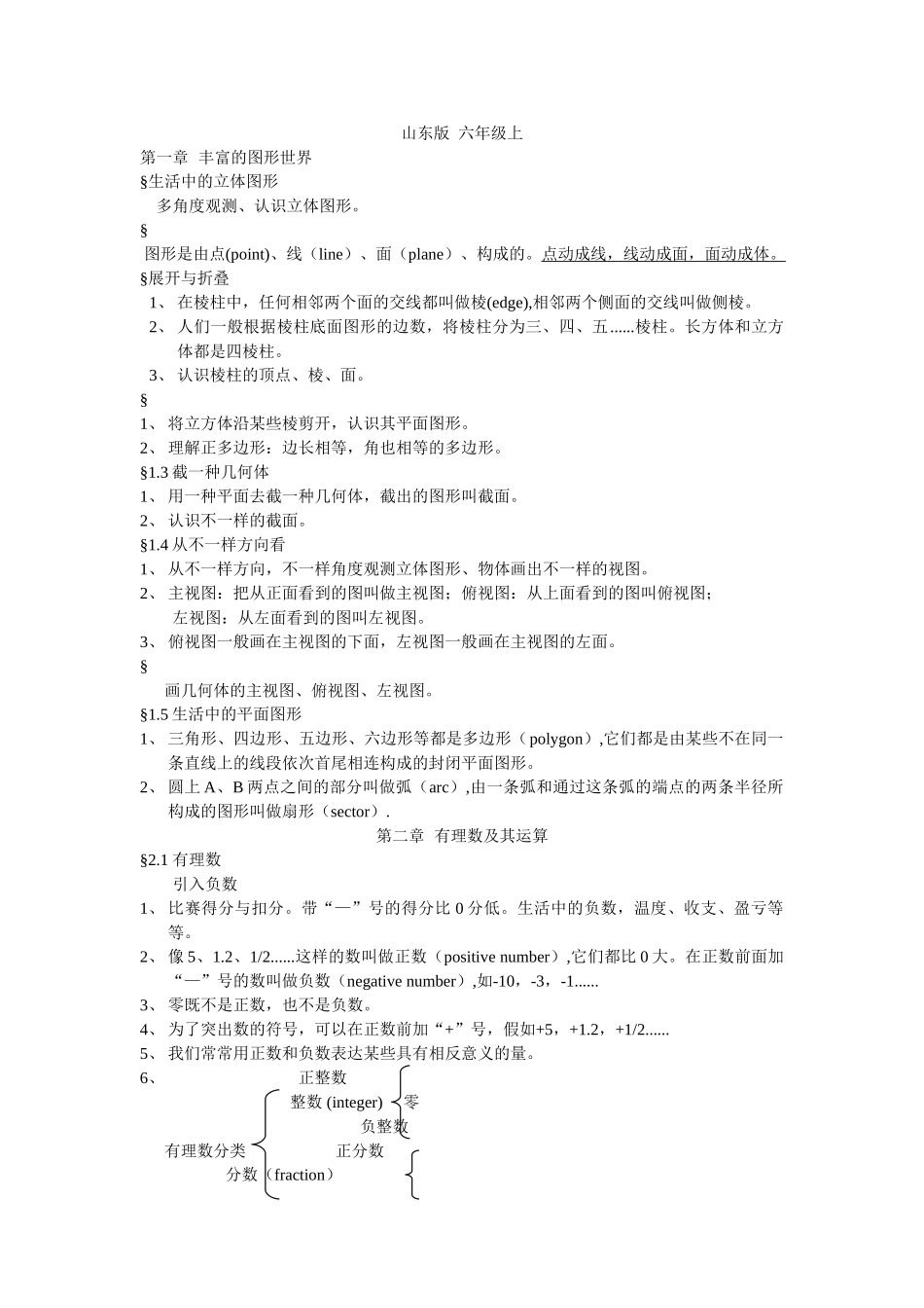 2025年鲁教版五四制初一上册数学知识点_第1页