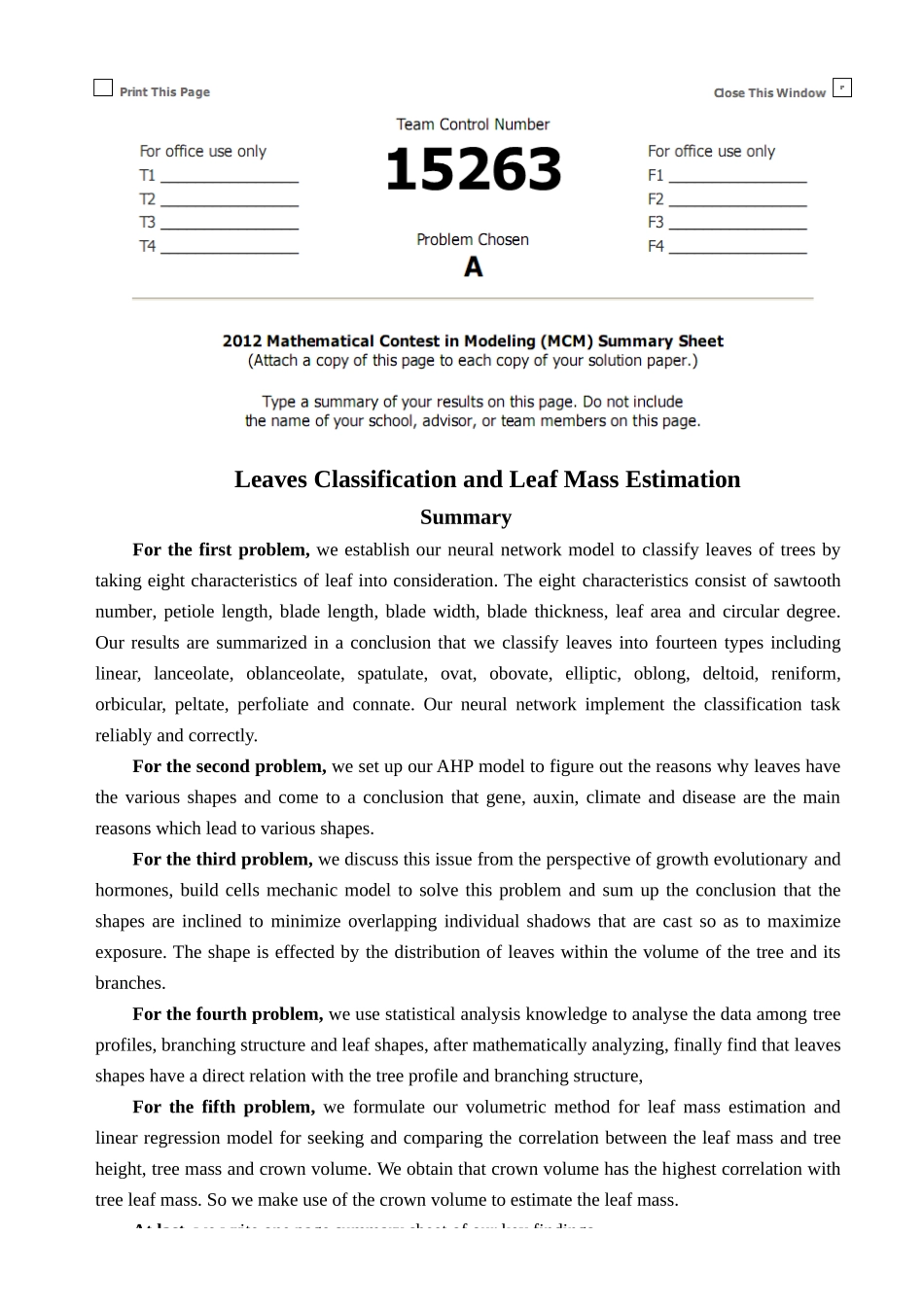 2025年LeavesClassificationandLeafMassEstimation大学生数模竞赛二等奖_第1页