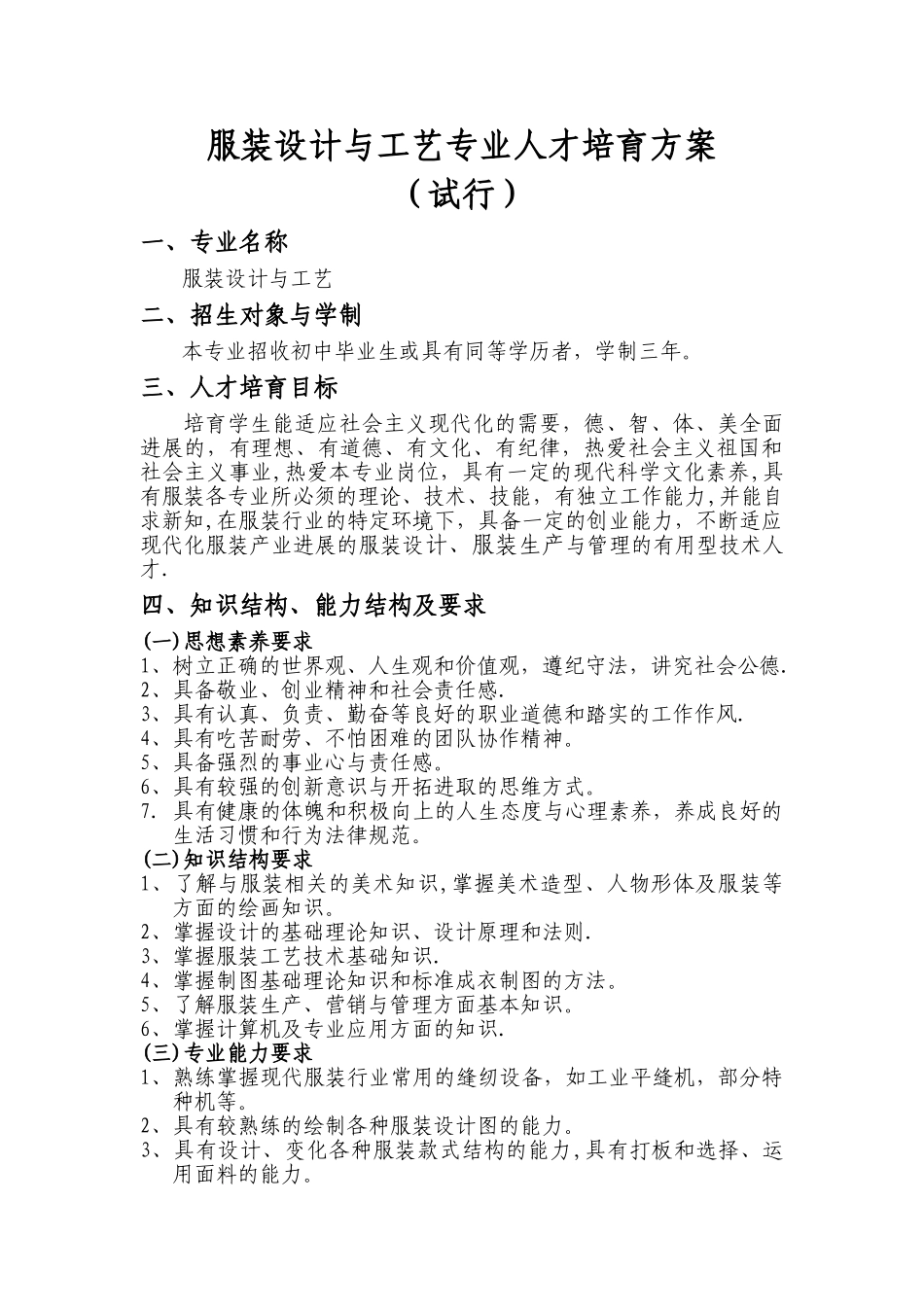 服装设计与工艺专业人才培养方案_第1页