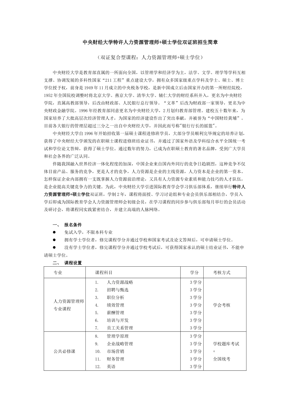 2025年中央财经大学特许人力资源管理师硕士学位双证班招生简_第1页