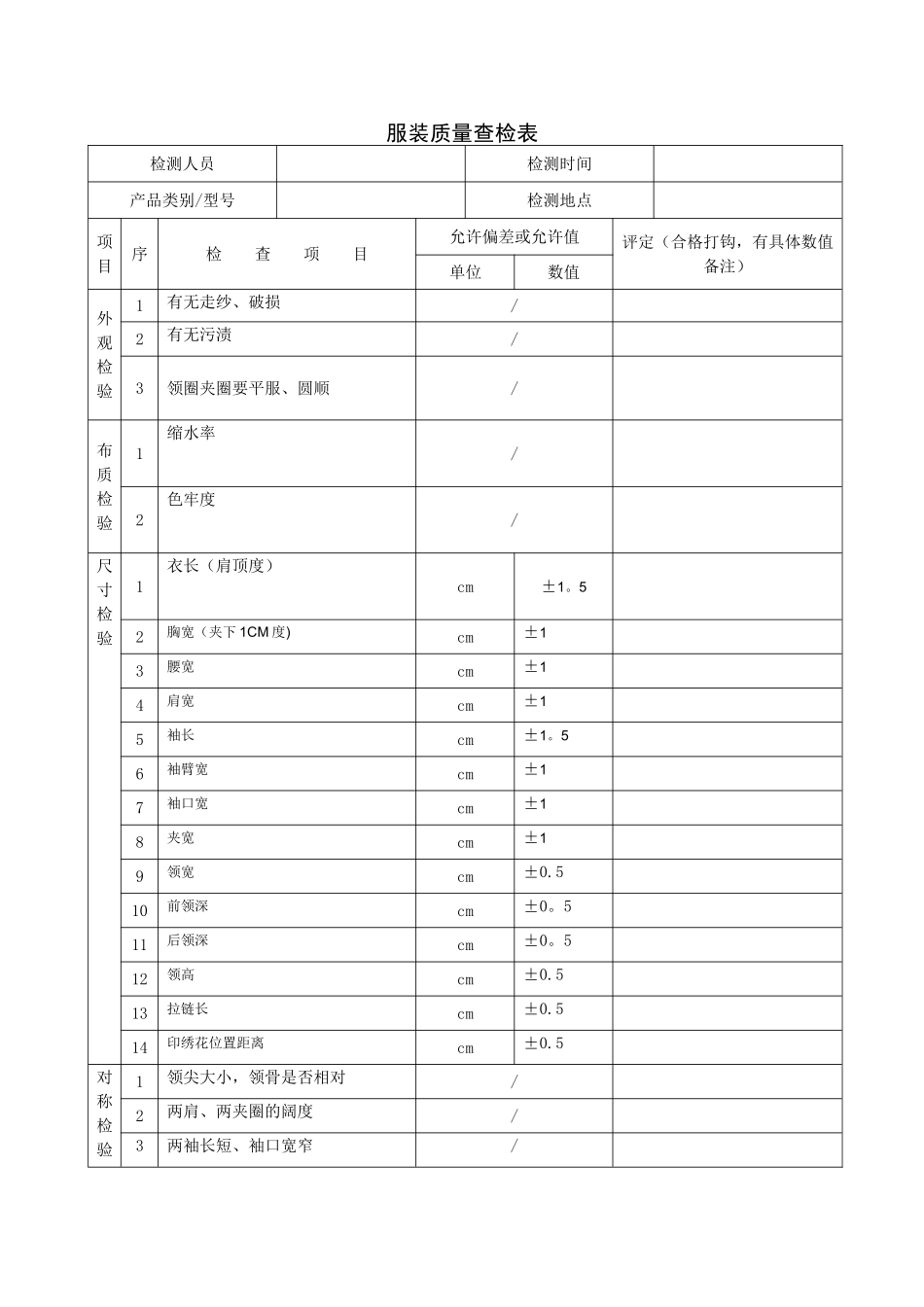服装质量检验表_第1页