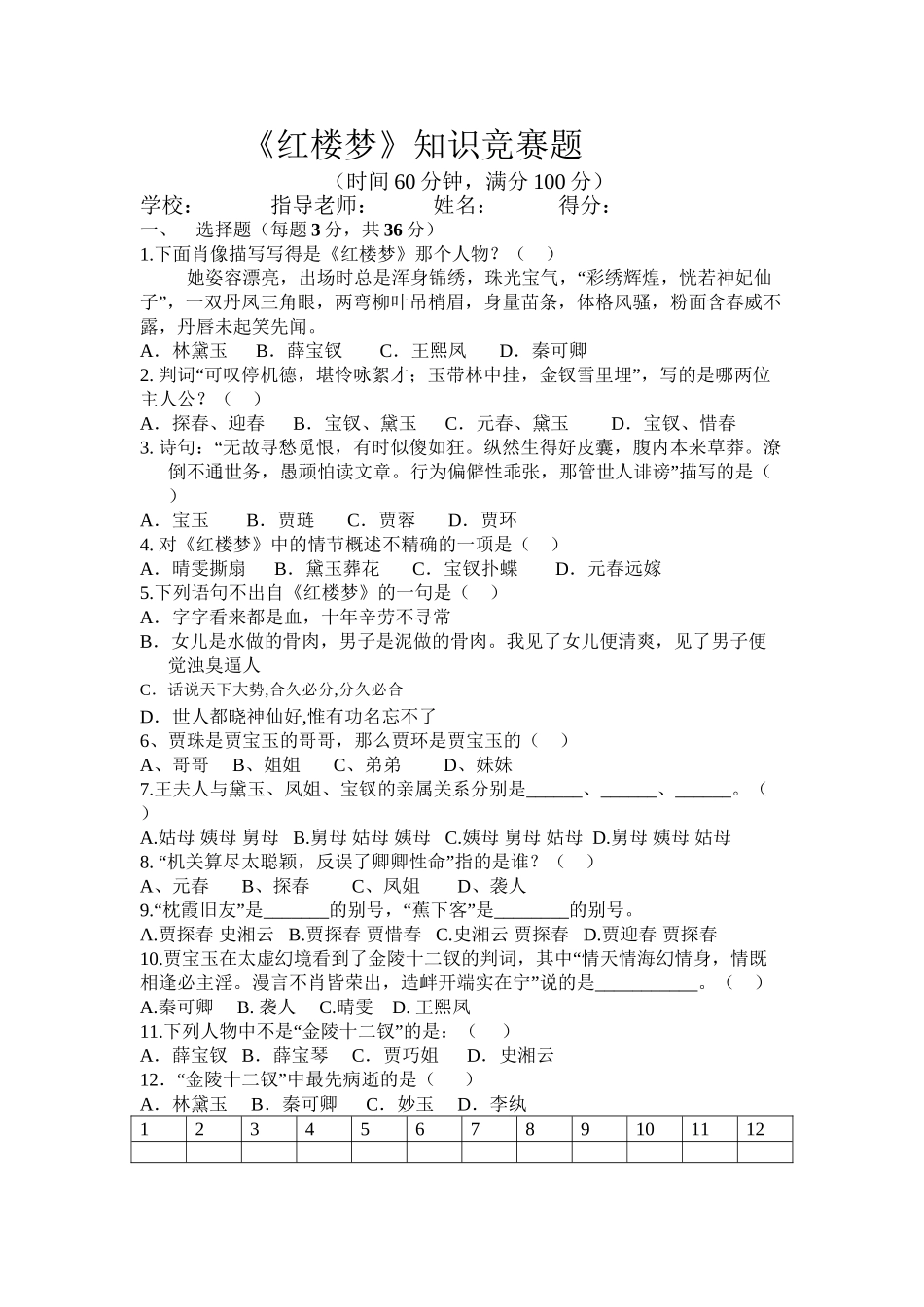 2025年《红楼梦》知识竞赛题含答案培训资料_第2页