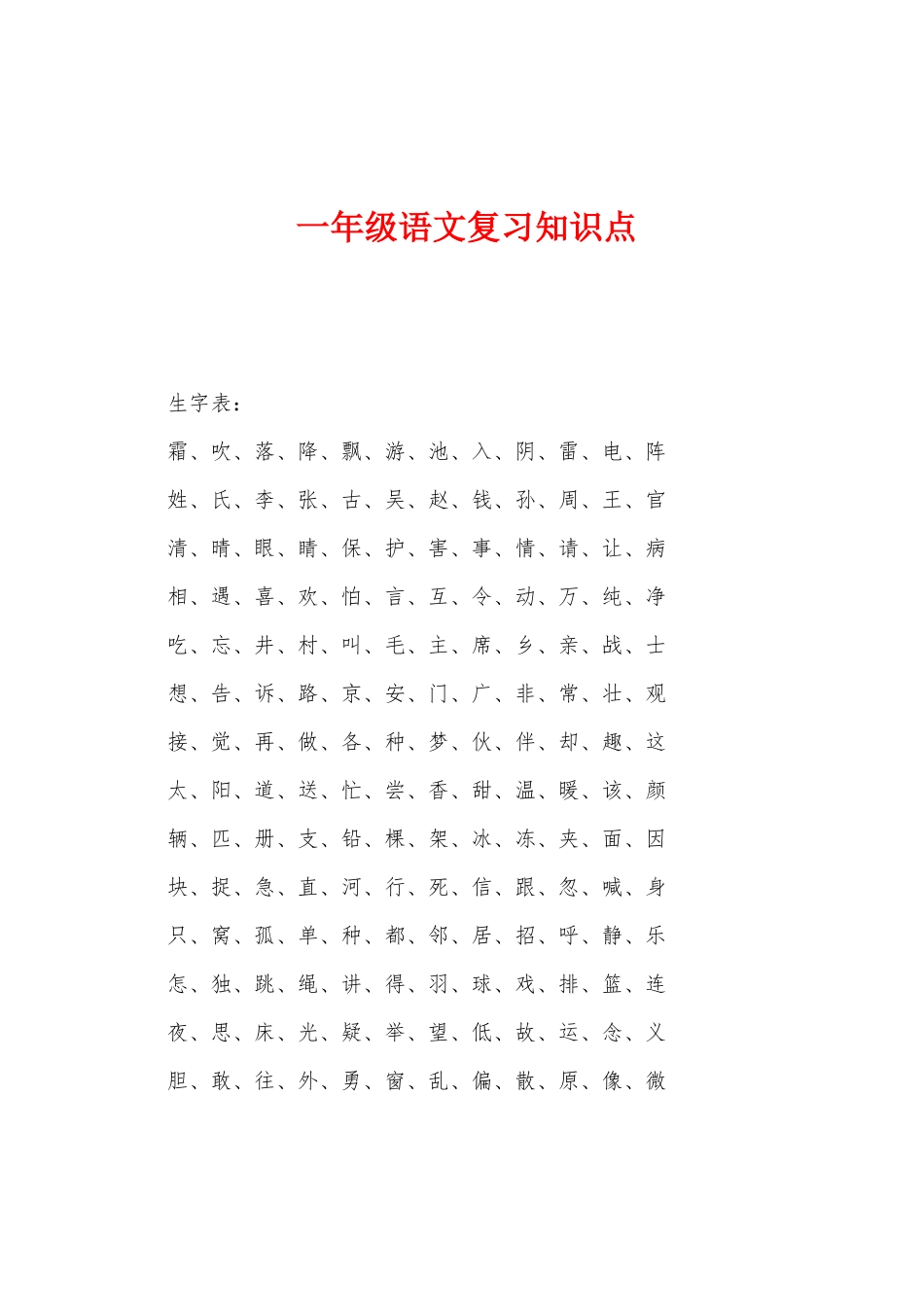 2025年一年级语文复习知识点_第1页
