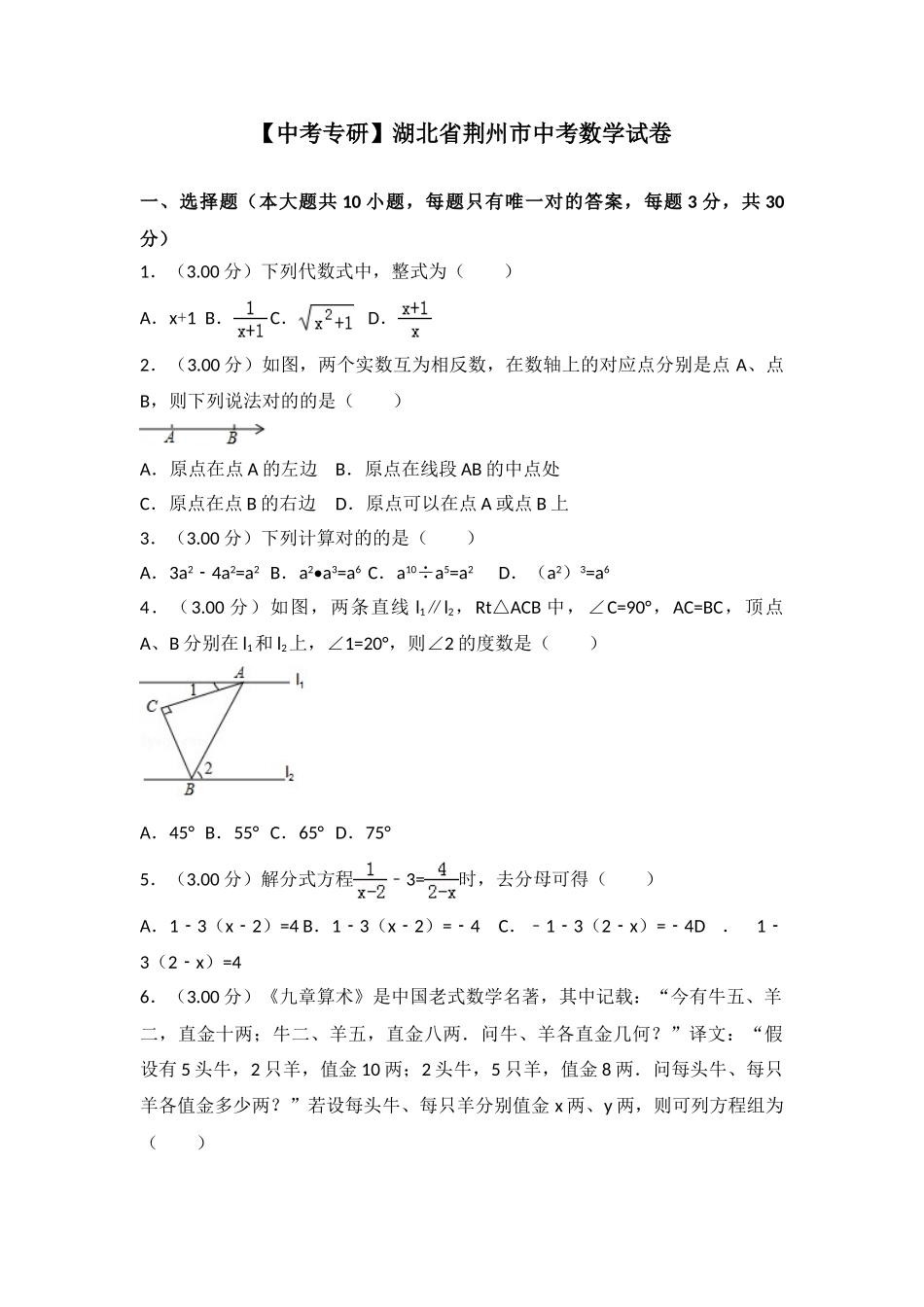 2025年中考专研荆州市中考数学试卷含答案解析_第1页
