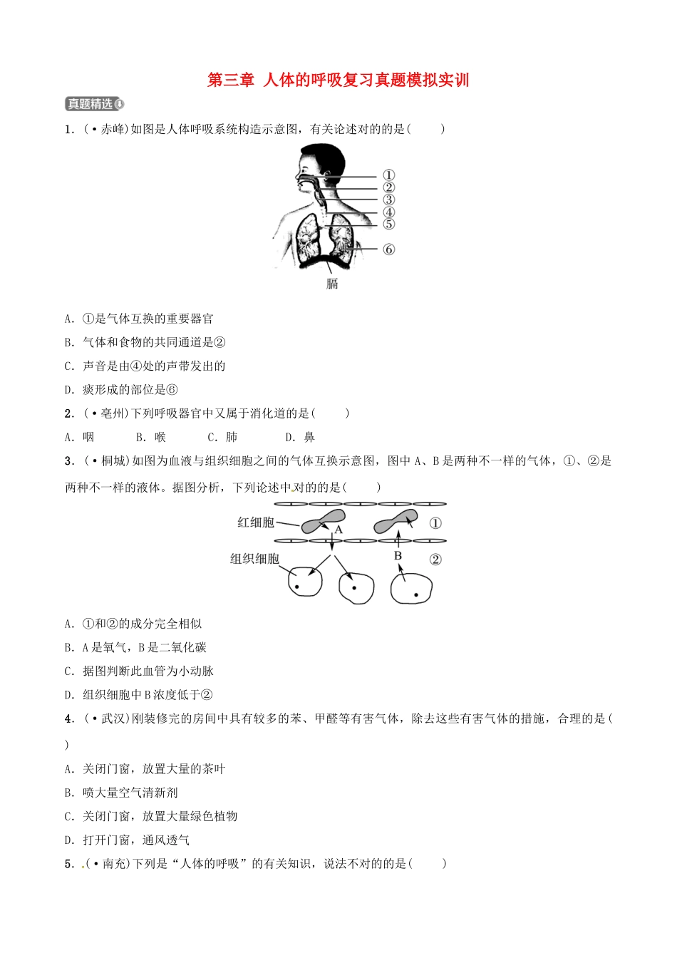 2025年江西专版中考生物第1部分第四单元第三章人体的呼吸复习真题模拟实训_第1页