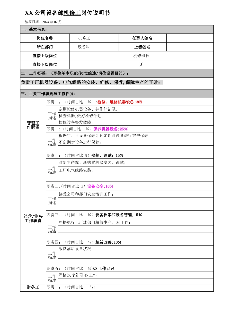 机修工岗位说明书_第1页