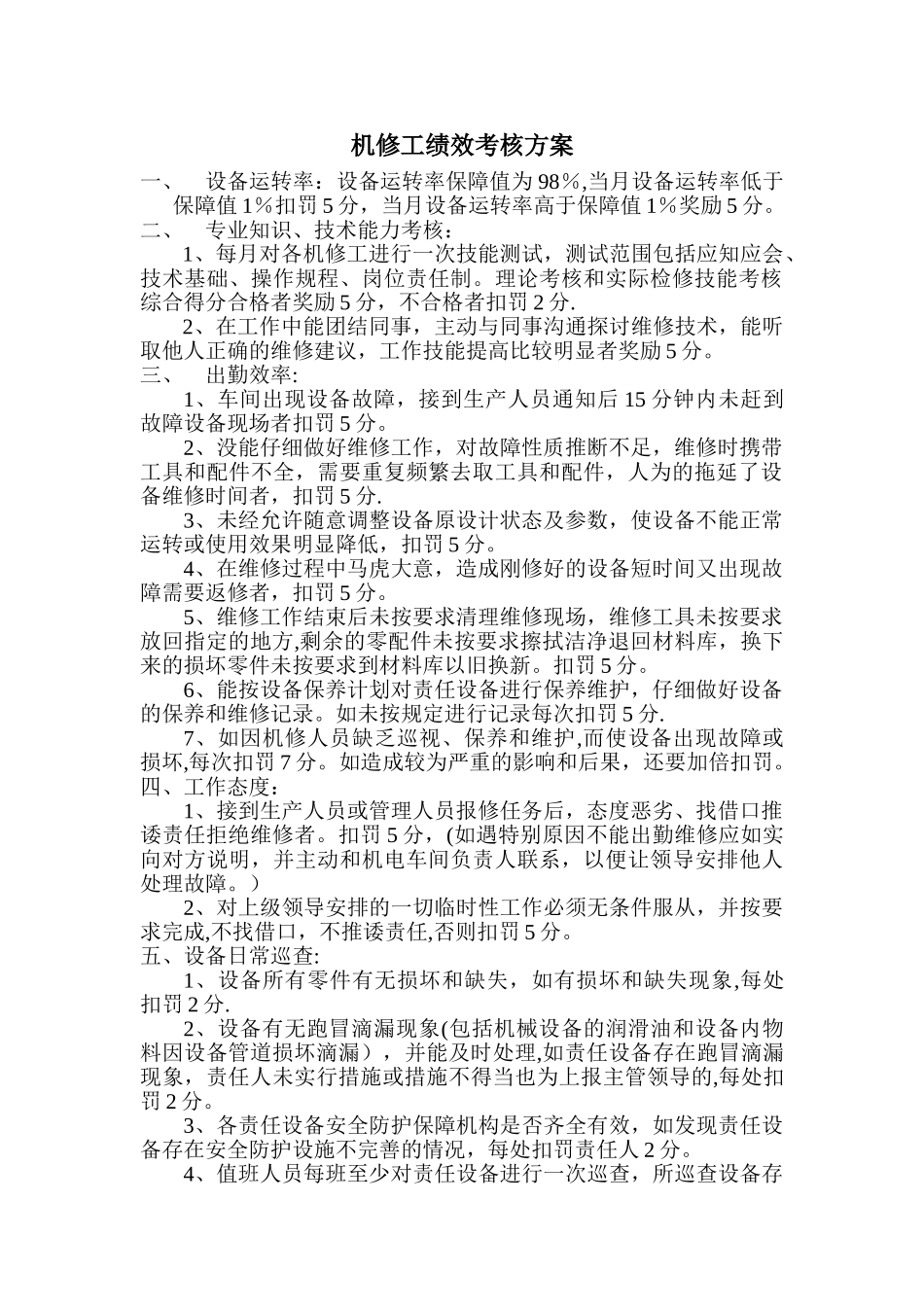 机修工绩效考核方案42512_第1页