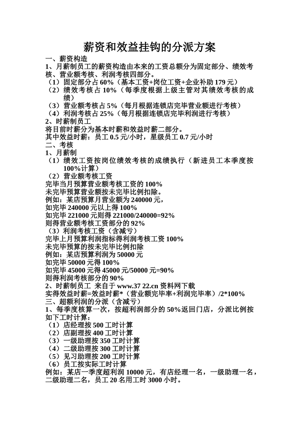 2025年KFC系列管理培训表格资料全套薪资和效益挂钩的分配方案_第1页