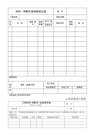 材料、构配件进场检验记录——设备报审表——报验申请表