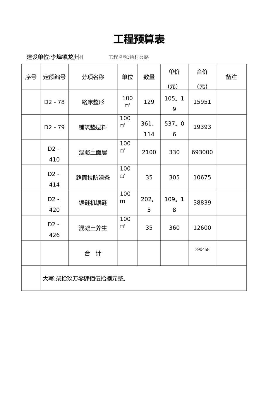 村公路工程预算表_第1页
