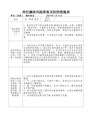 村级岗位廉政风险排查及防控措施表