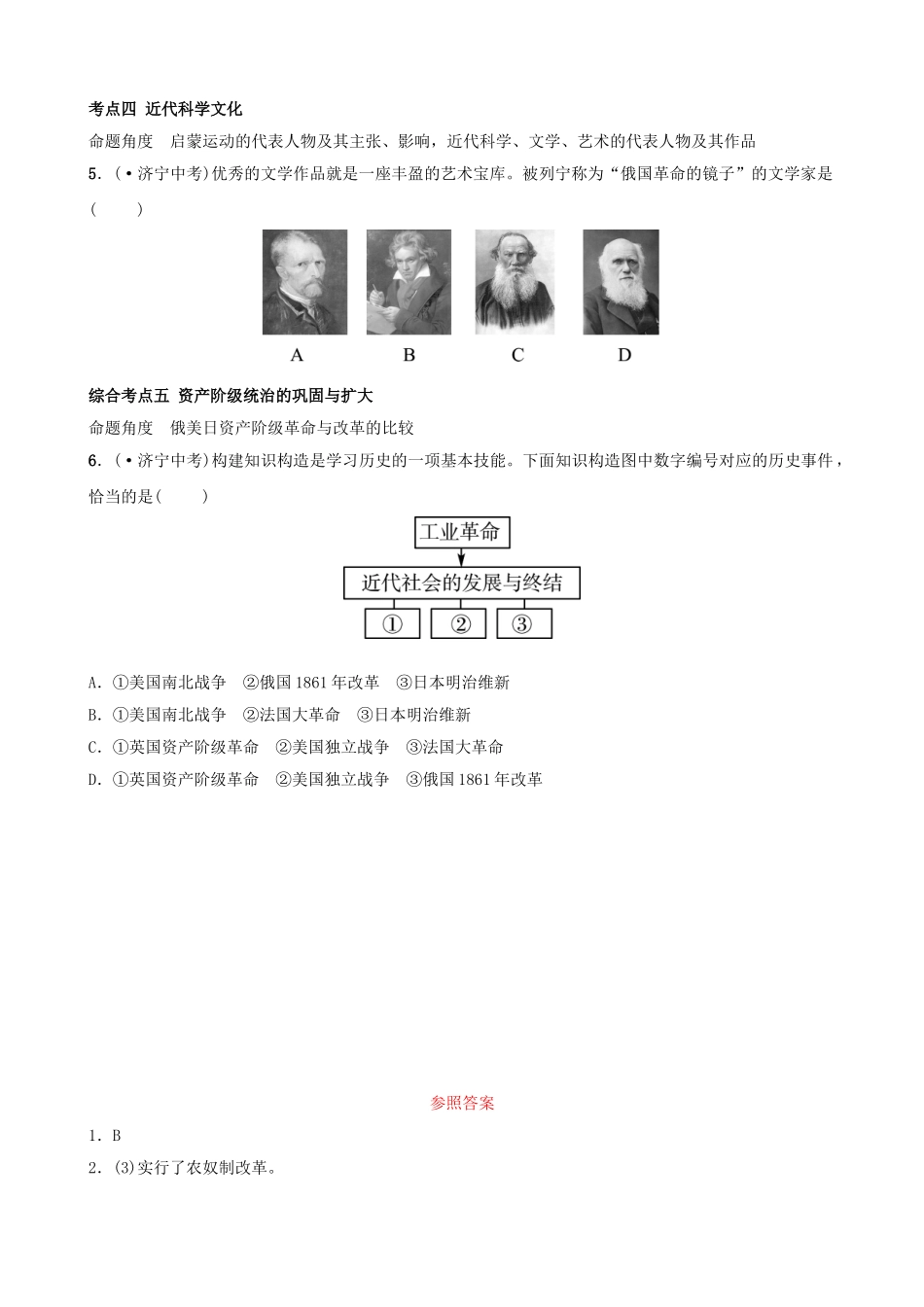 2025年山东省济宁市中考历史复习第十九单元资本主义制度的扩展及近代科技与文化真题演练_第2页