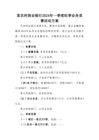 某商业银行2024年一季度旺季业务竞赛活动方案