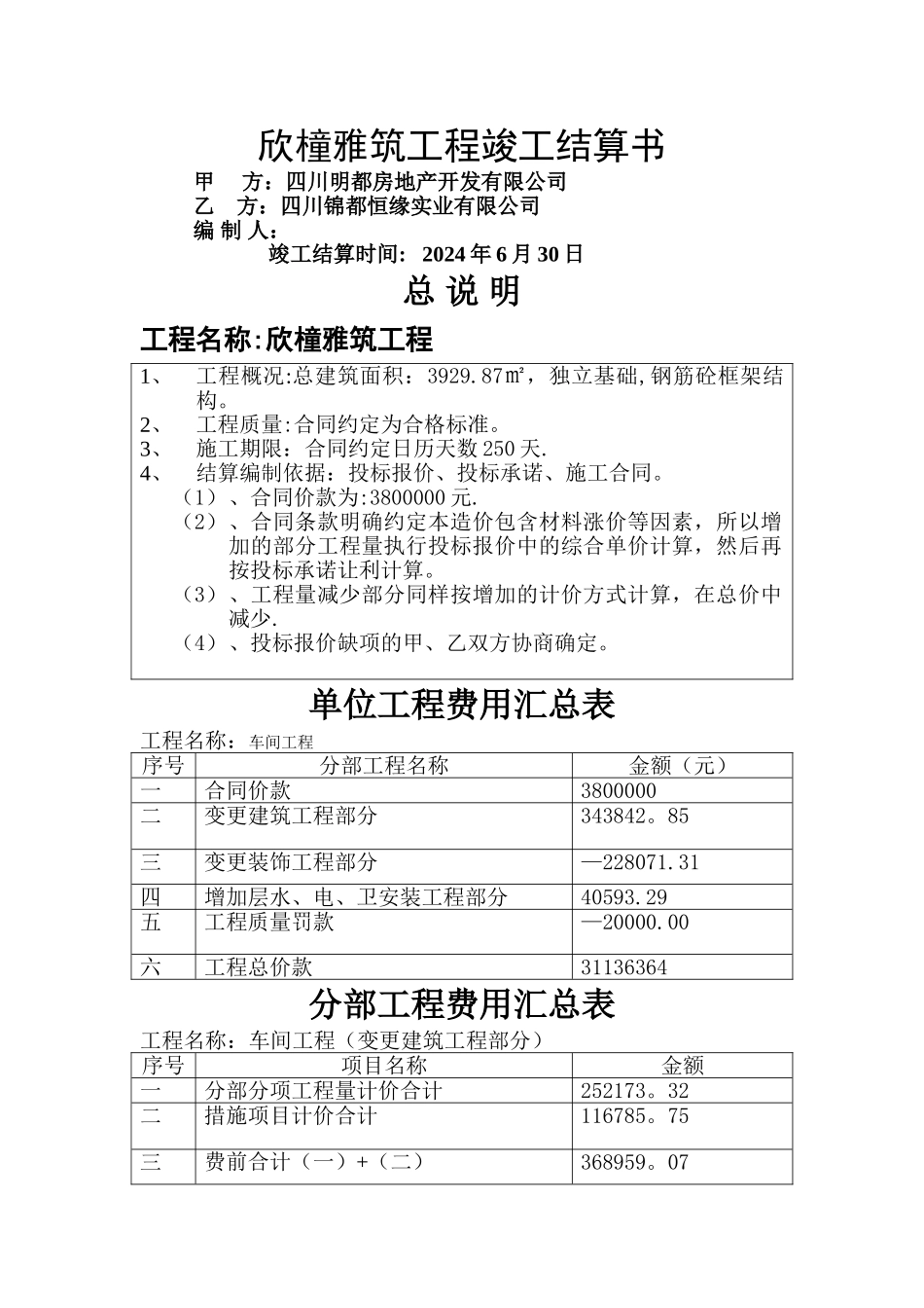 某工程竣工结算书格式_第1页