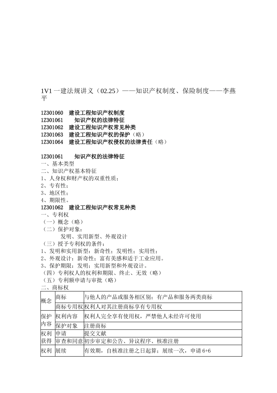 2025年1V1一建法规讲义0225知识产权制度保险制度李燕平_第1页