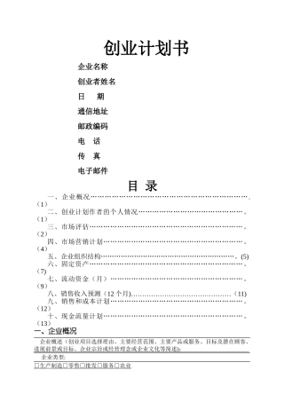 标准的创业计划书模板