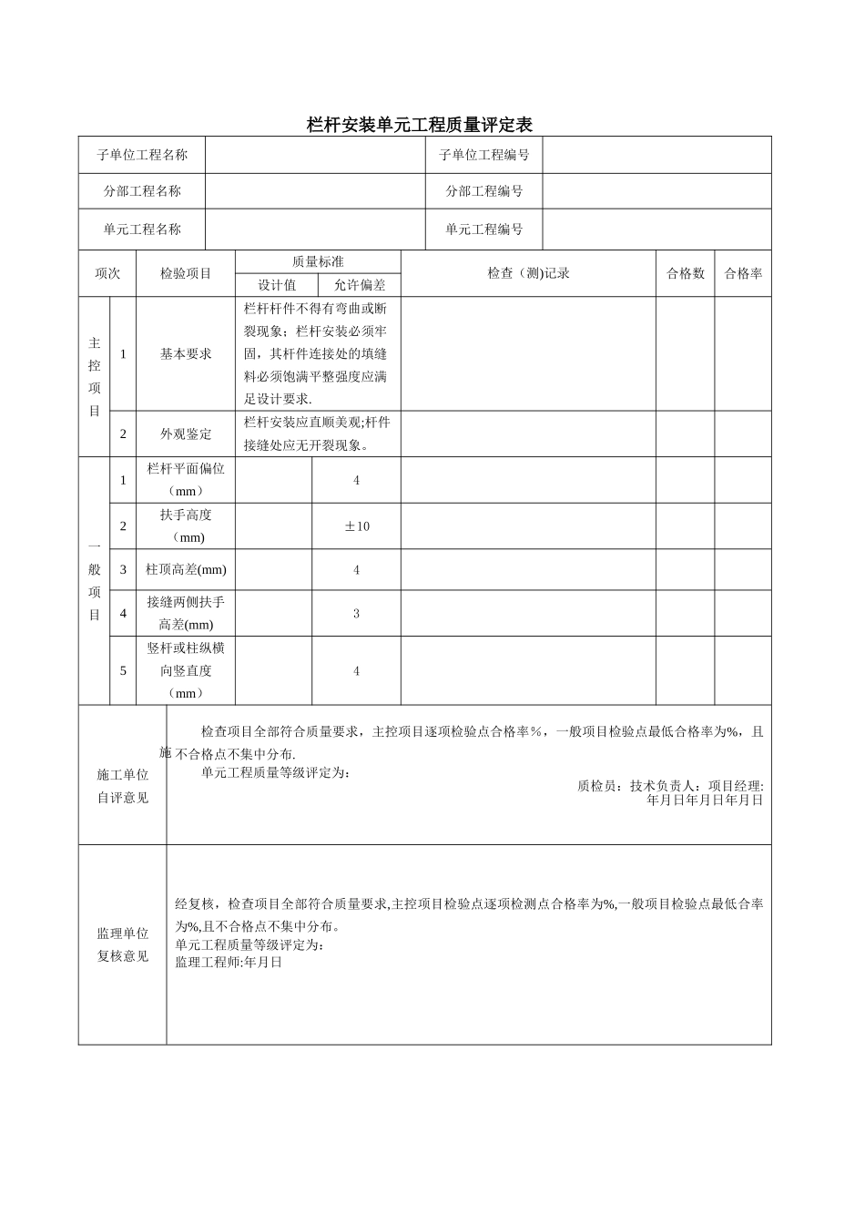 栏杆安装质量评定表_第1页