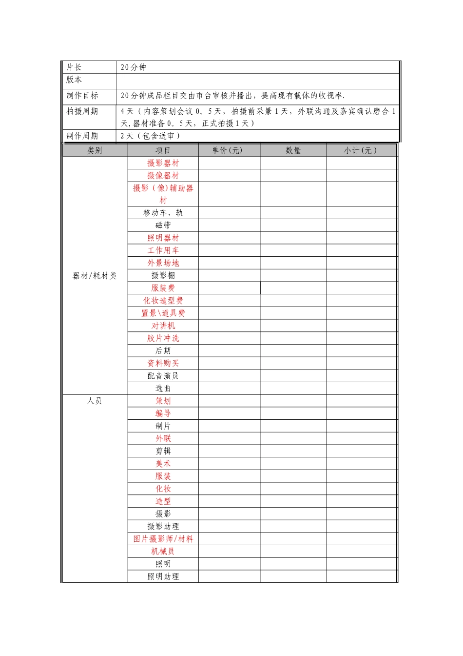栏目制作预算表_第2页
