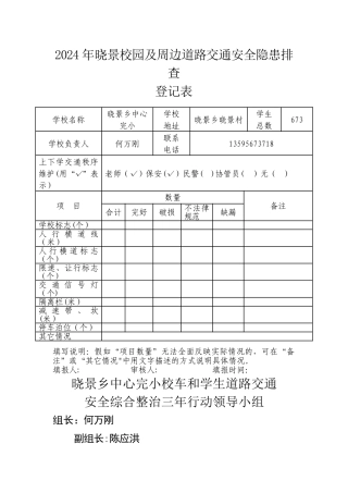 校园及周边道路交通安全隐患排查登记表