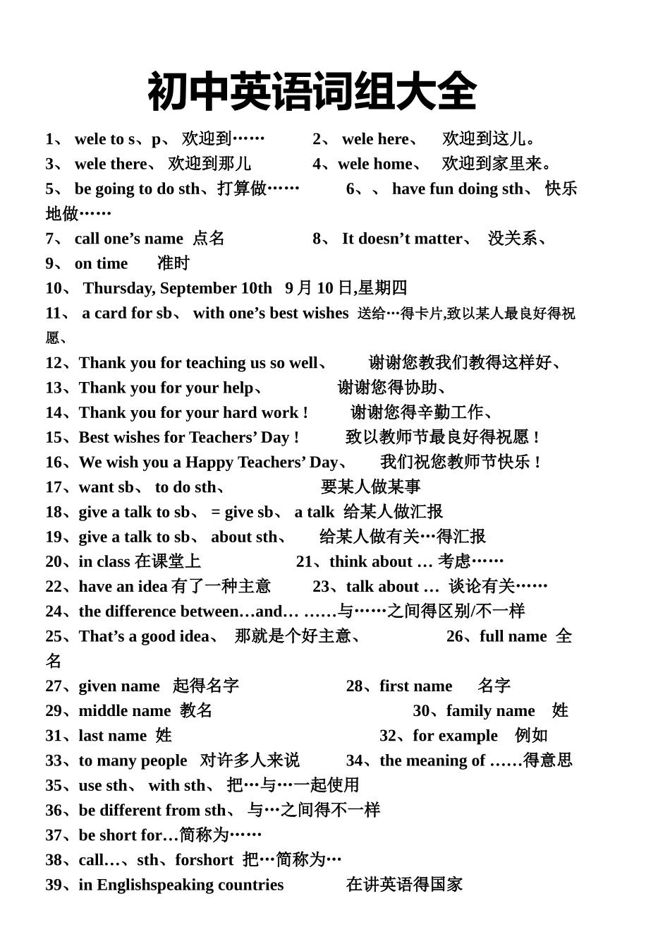 2025年初中英语必背词组大全_第1页