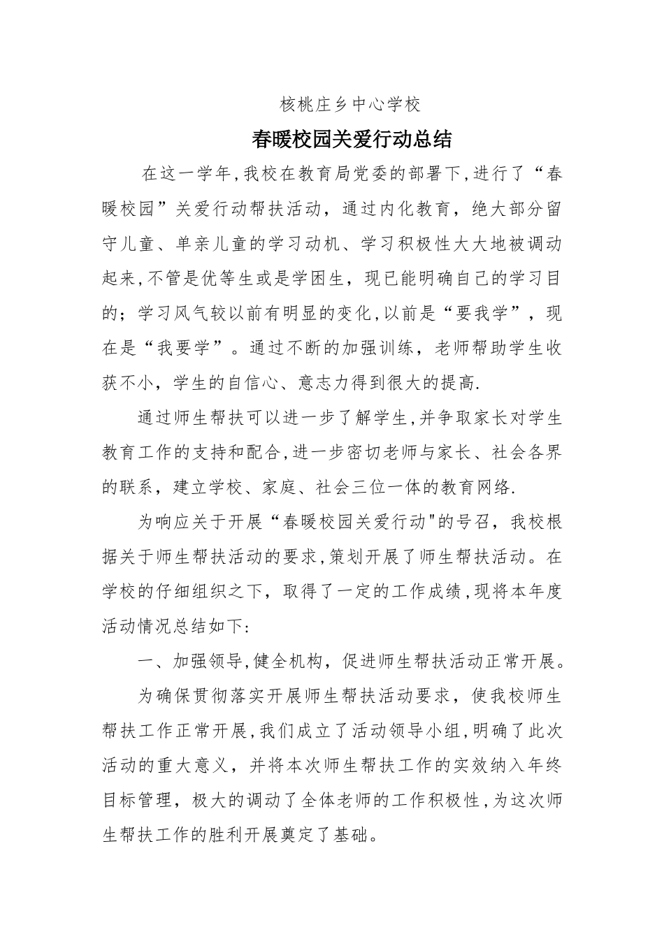 核桃庄乡中心学校春暖校园关爱行动总结_第1页