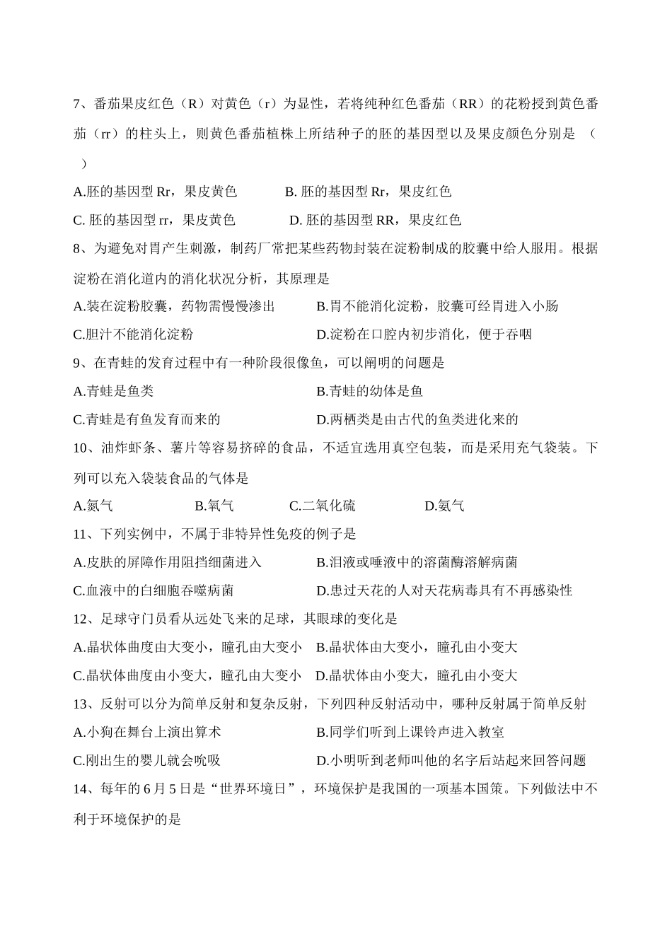 2025年初中生物学业水平测试题_第2页