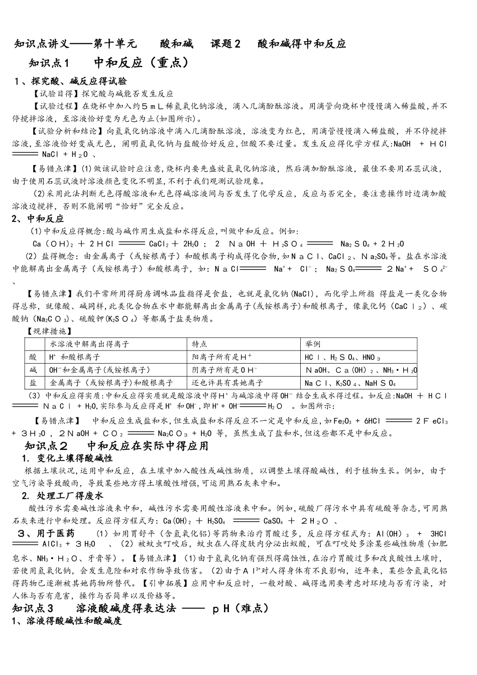 2025年人教版化学 九年级下册 10.2酸和碱的中和反应 知识点讲义无答案_第1页