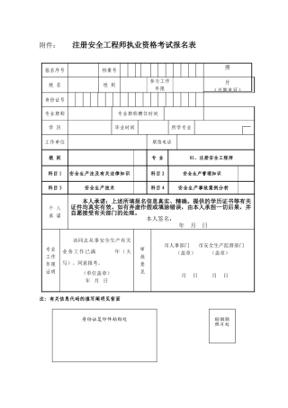 2025年注册安全工程师执业资格考试报名表