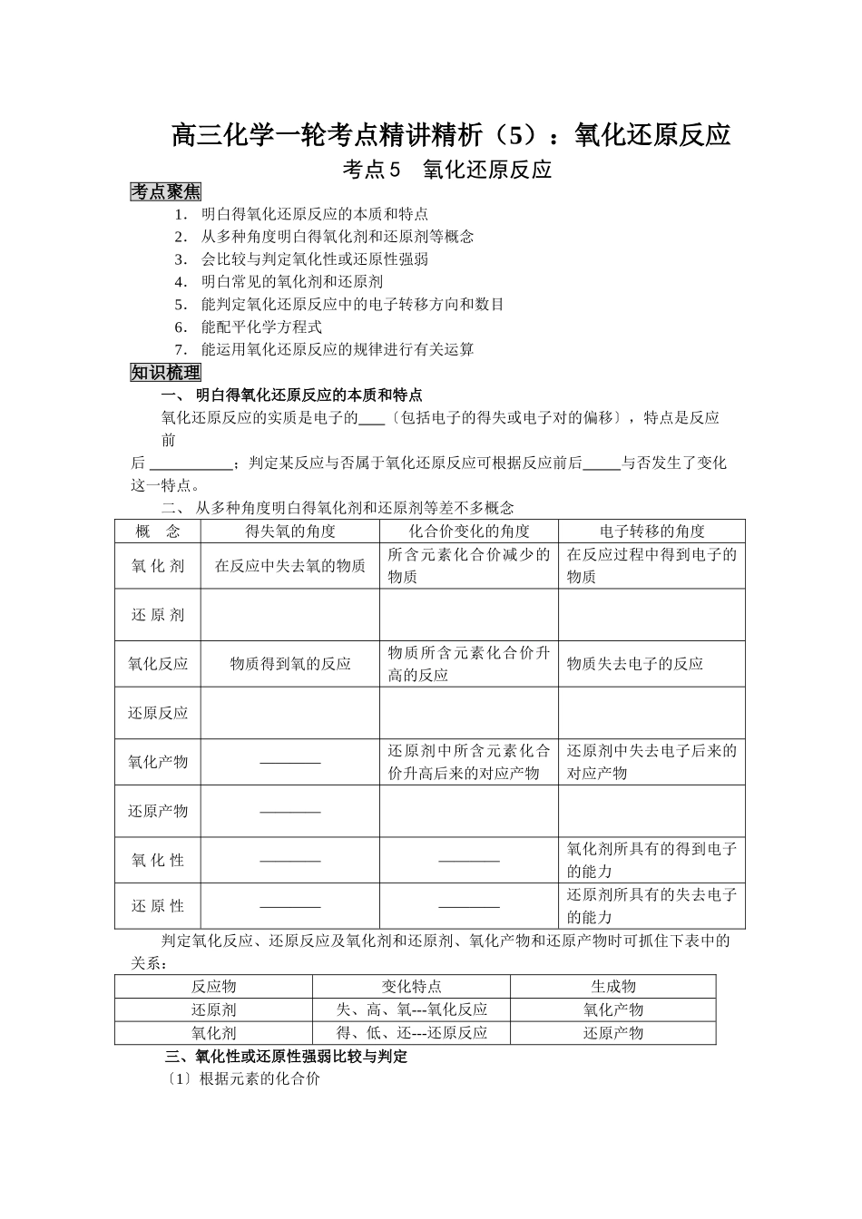 2025年高三化学一轮考点精析氧化还原反应_第1页