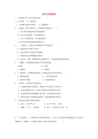 2025年八年级化学全册 第三节 水分子的变化测试卷 鲁教版五四制