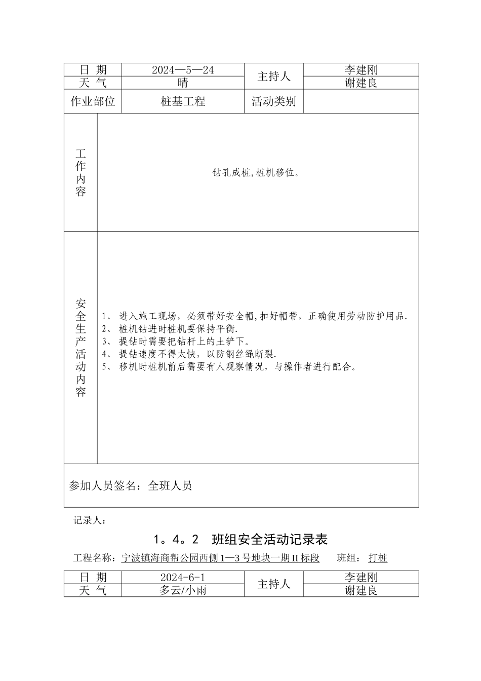 桩基工程-班组安全活动记录表_第2页