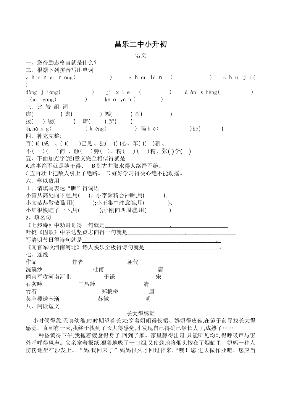2025年昌乐二中小升初试题打印版_第1页