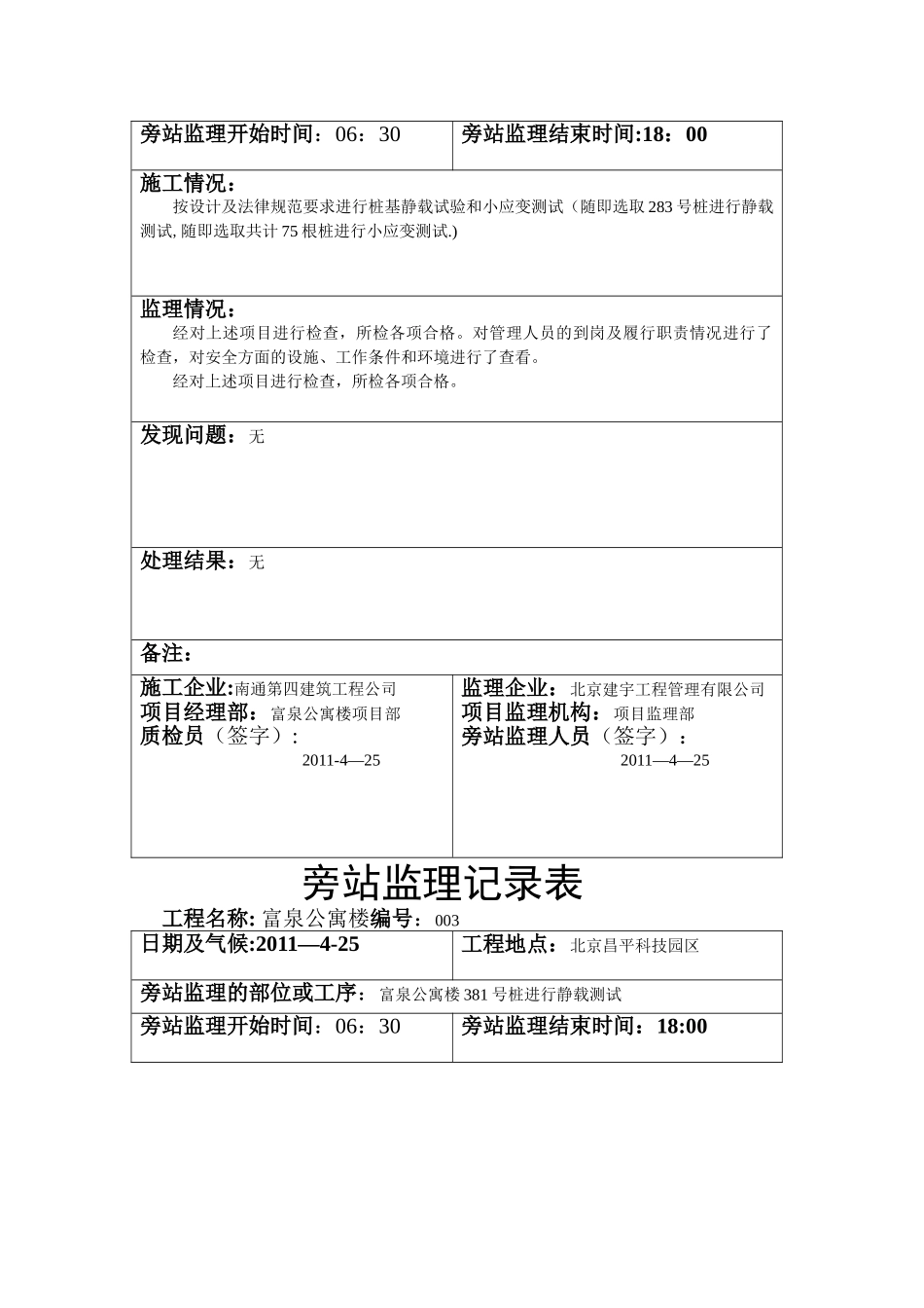 桩基静载试验旁站监理记录表_第2页