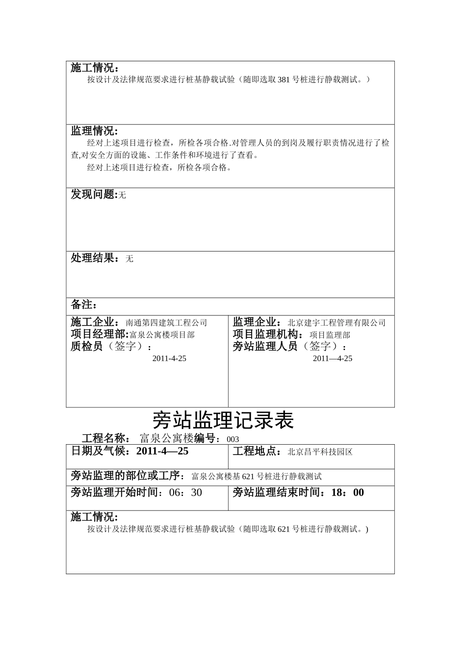 桩基静载试验旁站监理记录表_第3页