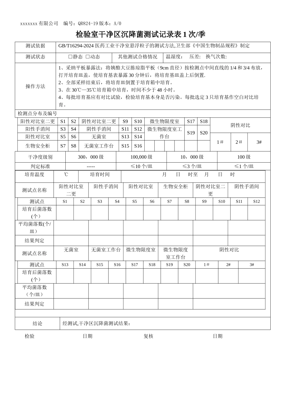 检验室洁净区沉降菌测试记录表_第1页
