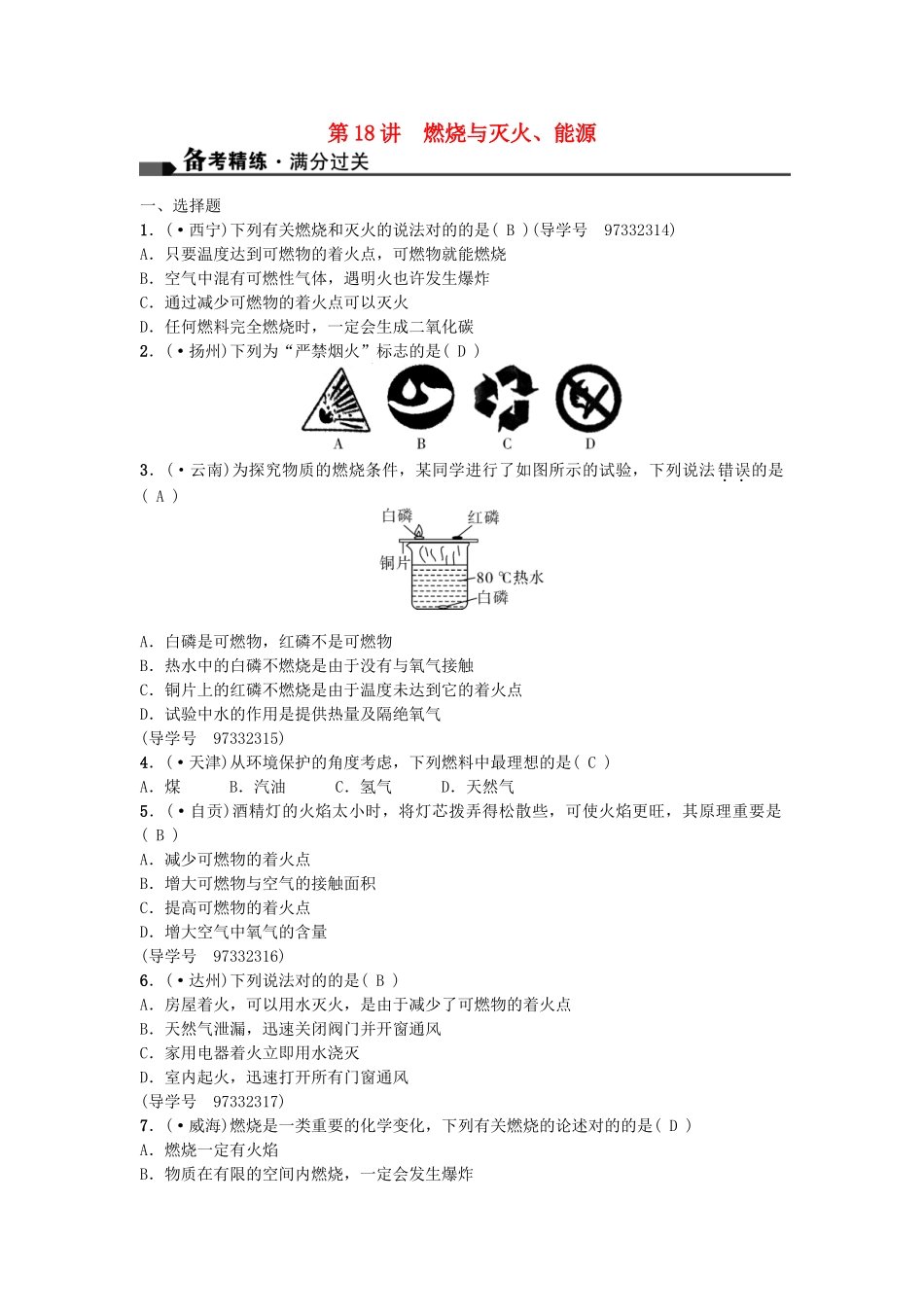 2025年中考化学总复习考点聚焦燃烧与灭火能源试题_第1页
