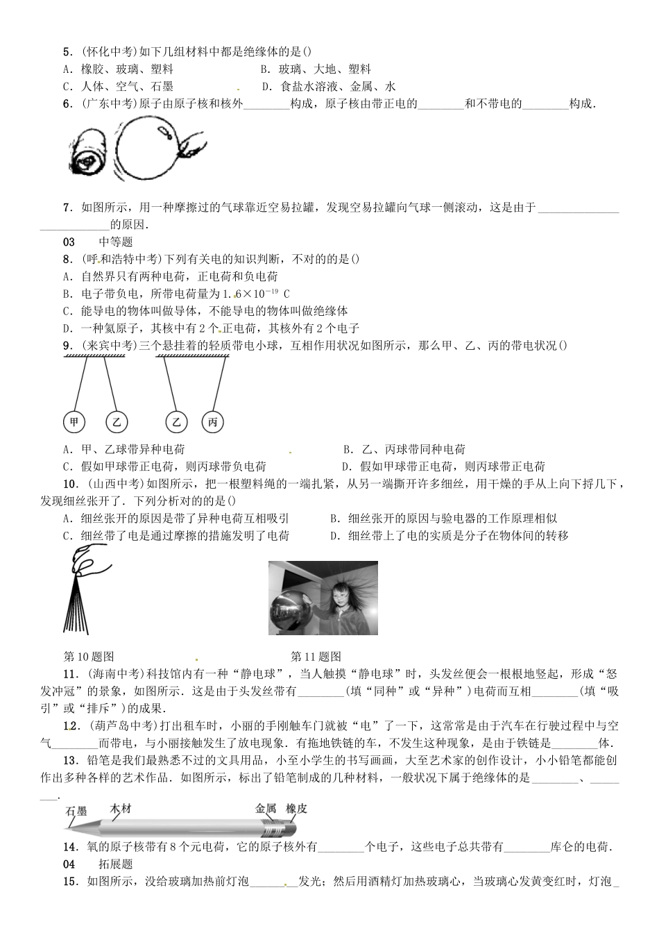 2025年广东专用版019九年级物理全册第十五章第1节两种电荷习题新版新人教版_第2页