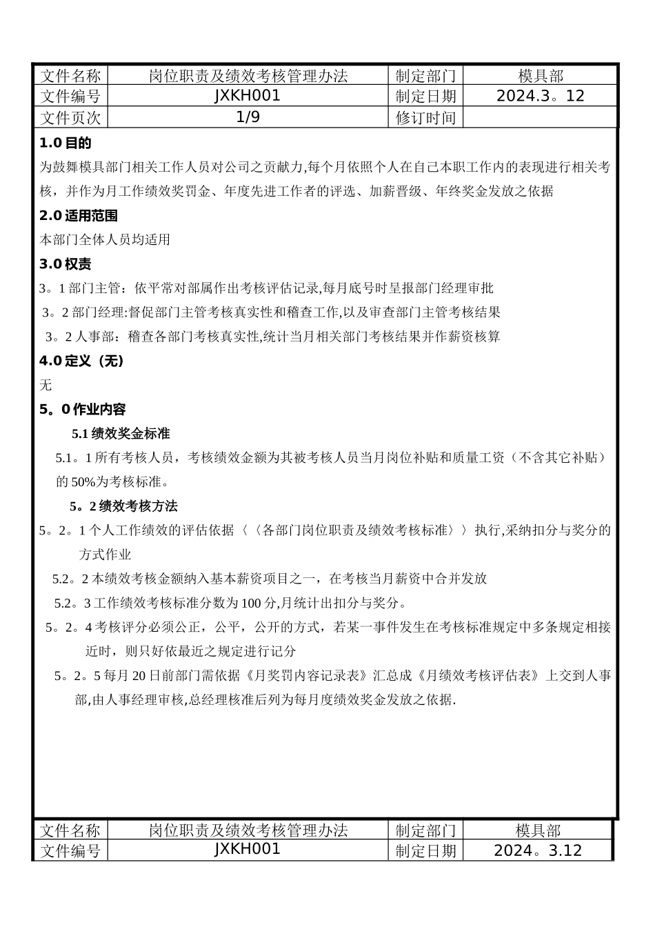 模具部员工岗位职责绩效考核管理办法_第1页