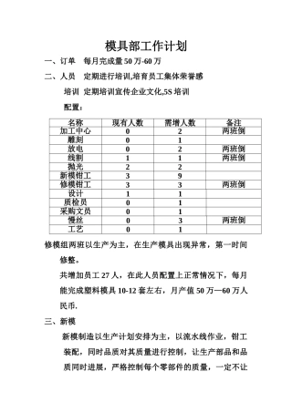模具部工作计划