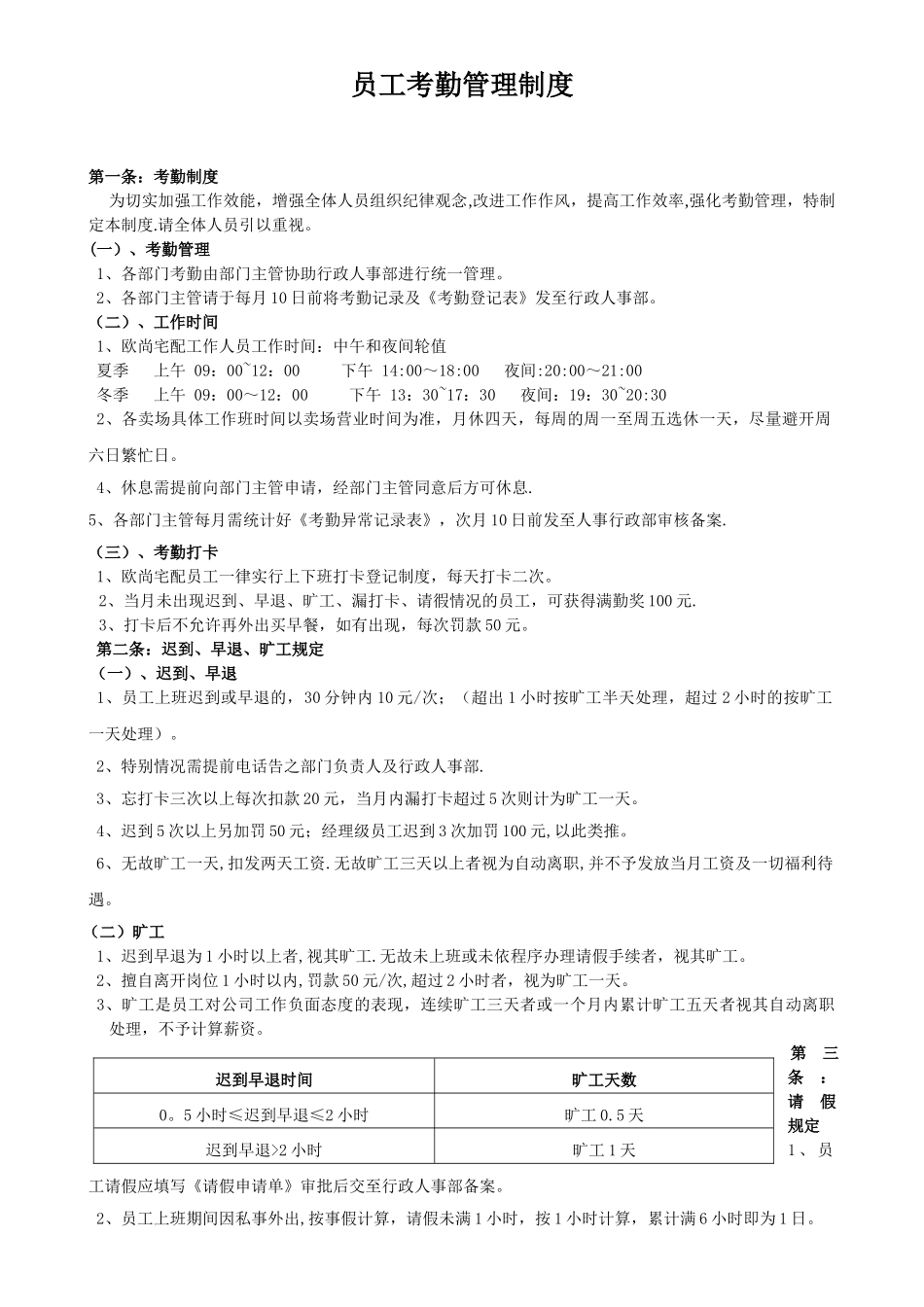 欧尚宅配员工考勤管理制度_第1页