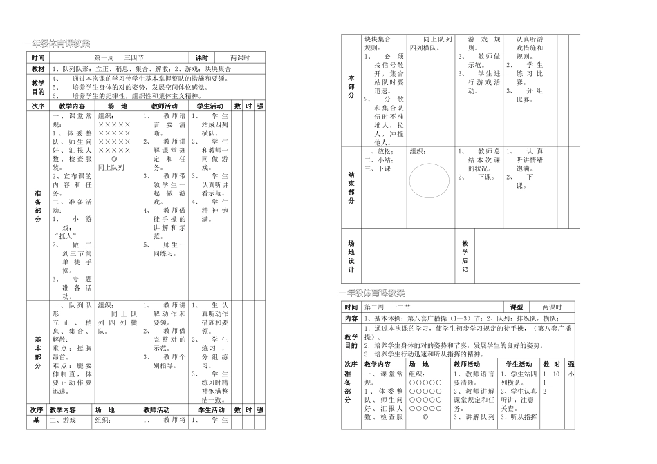 2025年人教新课标小学一年级体育全套的表格式_第2页