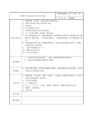每周工作总结及下周工作计划