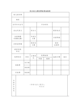 民办幼儿园收费标准备案表
