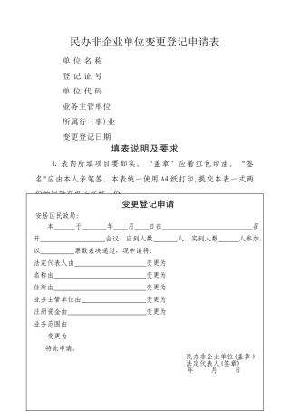 民办非企业法人变更登记申请表