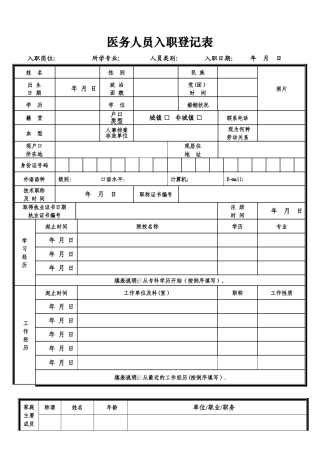 民营医院新入职医护人员申请表--医务人员入职登记表