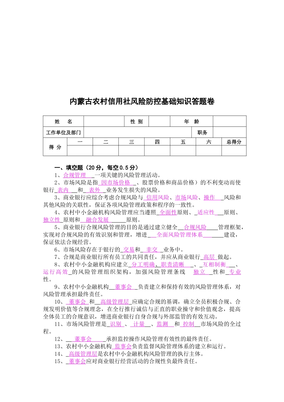 2025年农村信用社年度风险防控基础知识答题卷_第1页